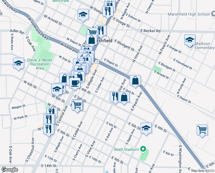 map of restaurants, bars, coffee shops, grocery stores, and more near 208 South Cherry Avenue in Marshfield