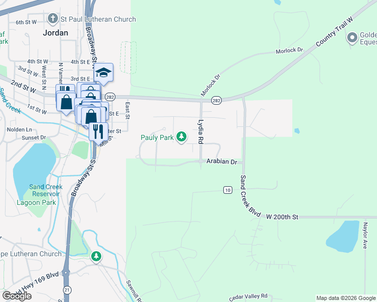 map of restaurants, bars, coffee shops, grocery stores, and more near 224 Clover Court in Jordan