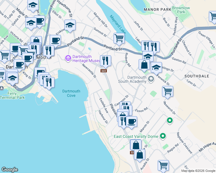 map of restaurants, bars, coffee shops, grocery stores, and more near 153 Nova Scotia 322 in Dartmouth