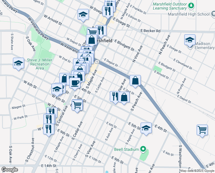 map of restaurants, bars, coffee shops, grocery stores, and more near 208 South Cherry Avenue in Marshfield