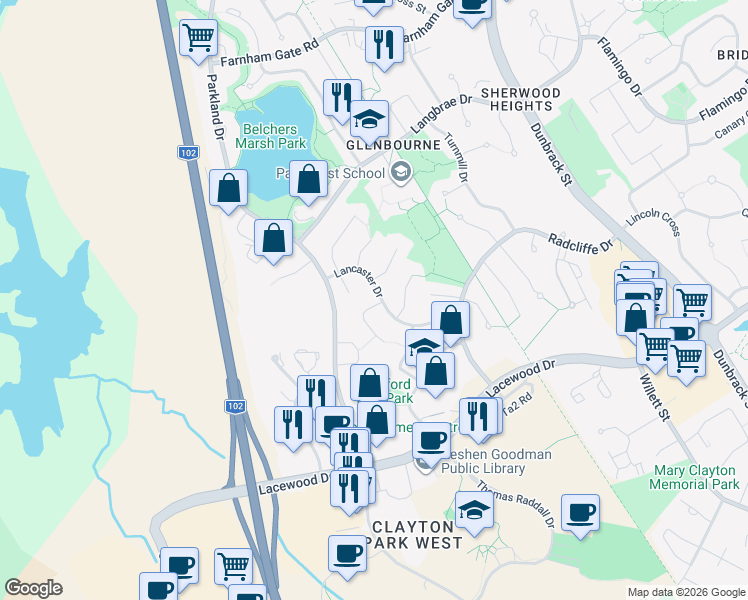 map of restaurants, bars, coffee shops, grocery stores, and more near 36 Lancaster Drive in Halifax