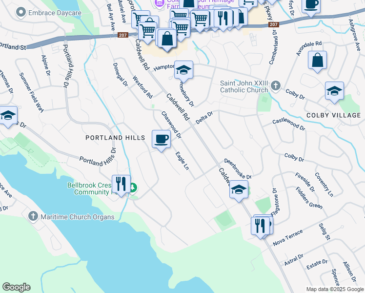 map of restaurants, bars, coffee shops, grocery stores, and more near 52 Chaswood Drive in Cole Harbour