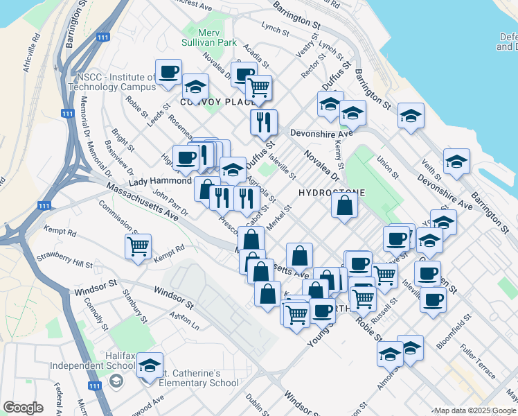 map of restaurants, bars, coffee shops, grocery stores, and more near 5873 Cabot Street in Halifax