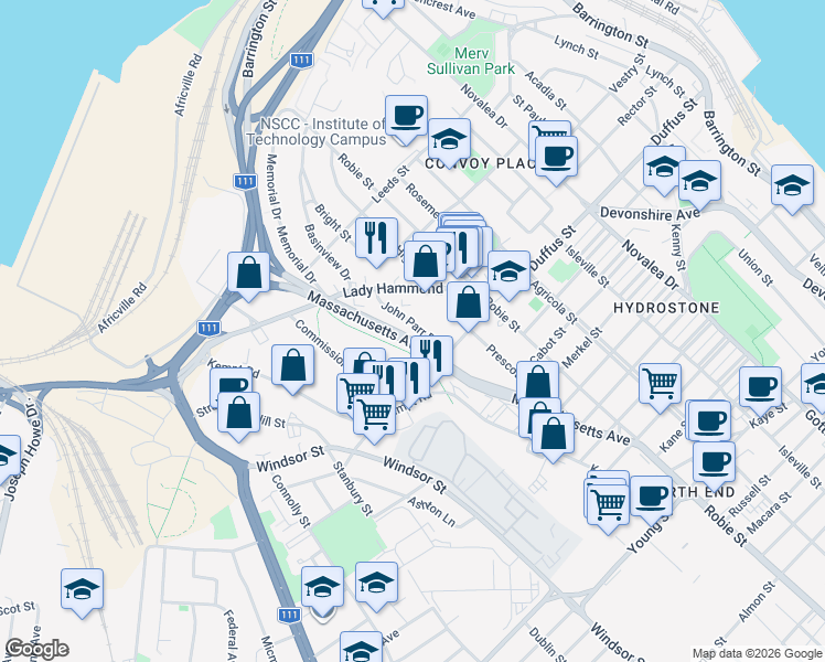 map of restaurants, bars, coffee shops, grocery stores, and more near 3600 John Parr Drive in Halifax