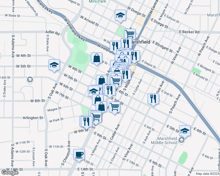 map of restaurants, bars, coffee shops, grocery stores, and more near 401 Wisconsin 13 Business in Marshfield