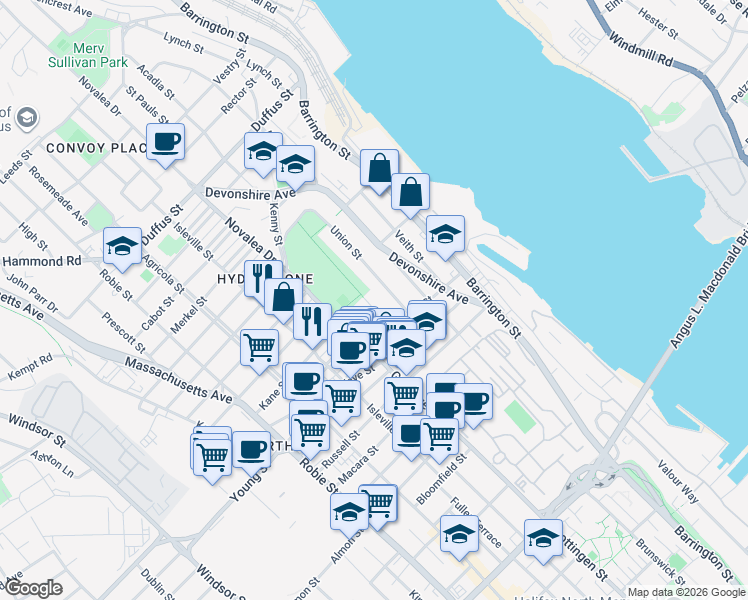 map of restaurants, bars, coffee shops, grocery stores, and more near 3153 Needham Street in Halifax