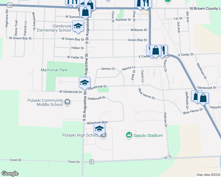 map of restaurants, bars, coffee shops, grocery stores, and more near 178 Glenbrook Drive in Pulaski