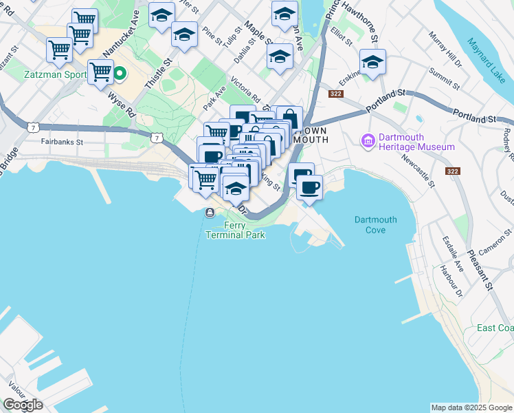 map of restaurants, bars, coffee shops, grocery stores, and more near 1 Prince Street in Dartmouth