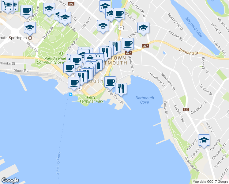 map of restaurants, bars, coffee shops, grocery stores, and more near in Dartmouth