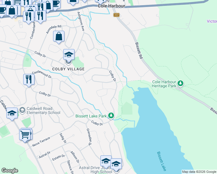 map of restaurants, bars, coffee shops, grocery stores, and more near 15 Bellroyal Court in Dartmouth