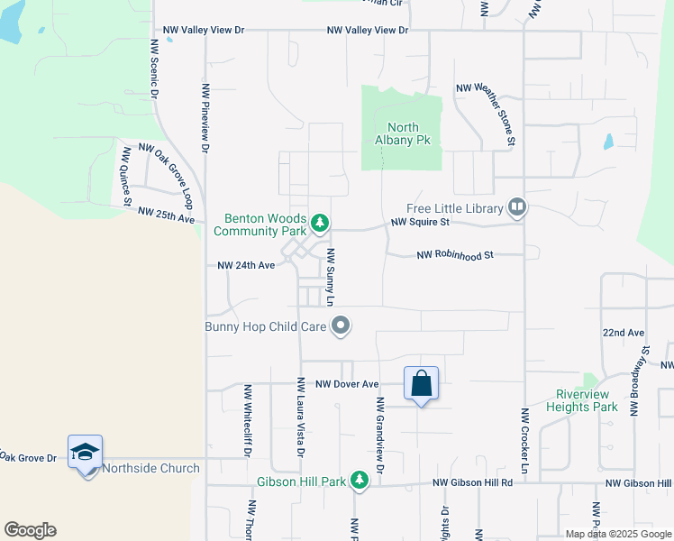 map of restaurants, bars, coffee shops, grocery stores, and more near 2417 Northwest Sunny Lane in Albany