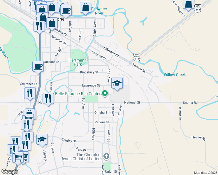map of restaurants, bars, coffee shops, grocery stores, and more near 1114 Lawrence Street in Belle Fourche