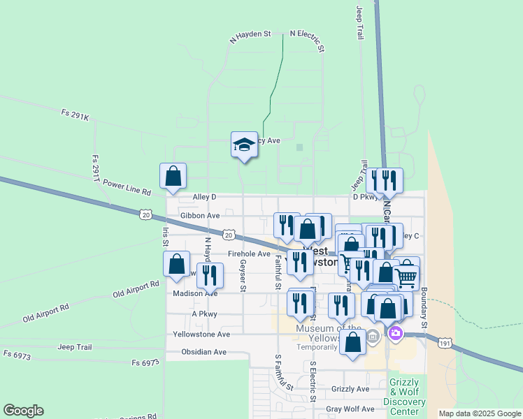 map of restaurants, bars, coffee shops, grocery stores, and more near 429 Gibbon Avenue in West Yellowstone