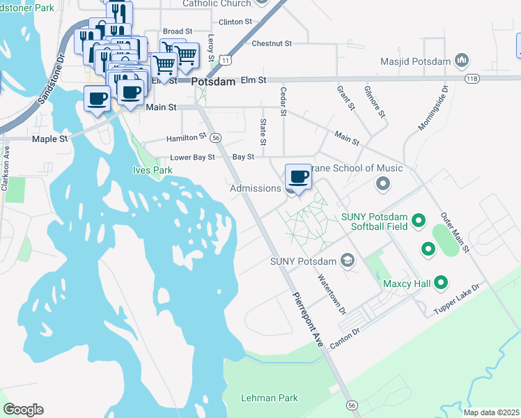 map of restaurants, bars, coffee shops, grocery stores, and more near 45 1/2 Pierrepont Avenue in Potsdam