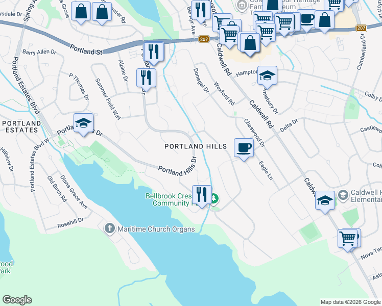 map of restaurants, bars, coffee shops, grocery stores, and more near 378 Portland Hills Drive in Dartmouth