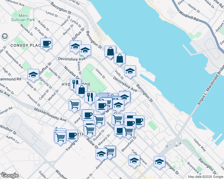 map of restaurants, bars, coffee shops, grocery stores, and more near 3153 Needham Street in Halifax