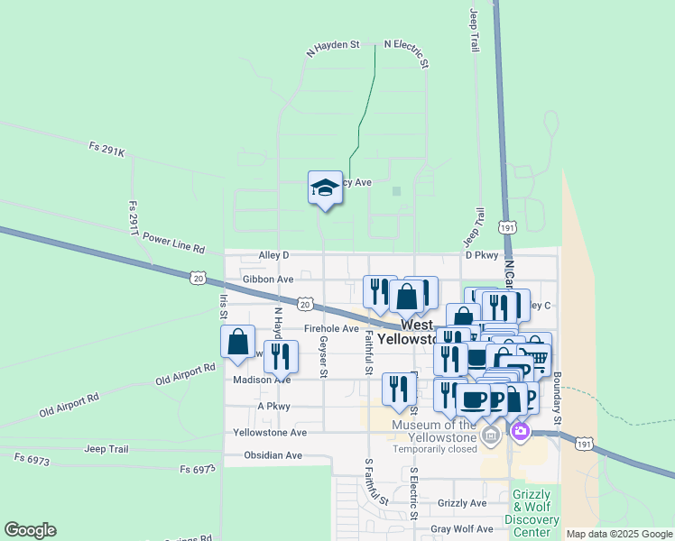 map of restaurants, bars, coffee shops, grocery stores, and more near 429 Gibbon Avenue in West Yellowstone