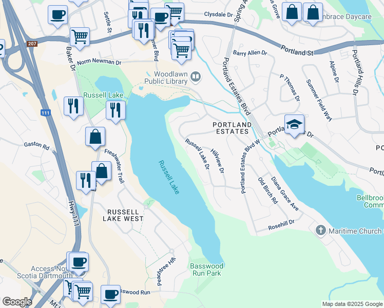 map of restaurants, bars, coffee shops, grocery stores, and more near 77 Russell Lake Drive in Dartmouth