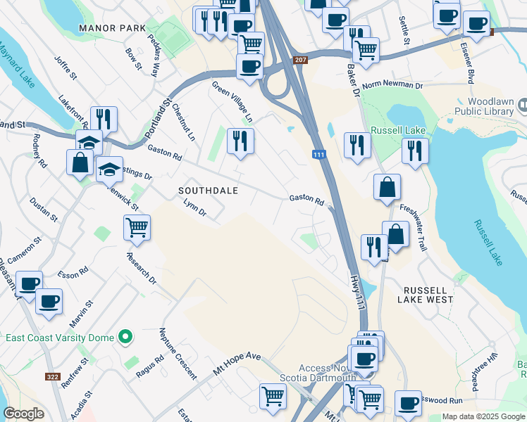 map of restaurants, bars, coffee shops, grocery stores, and more near 76 Gaston Road in Dartmouth