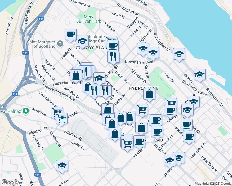 map of restaurants, bars, coffee shops, grocery stores, and more near Cabot Street in Halifax