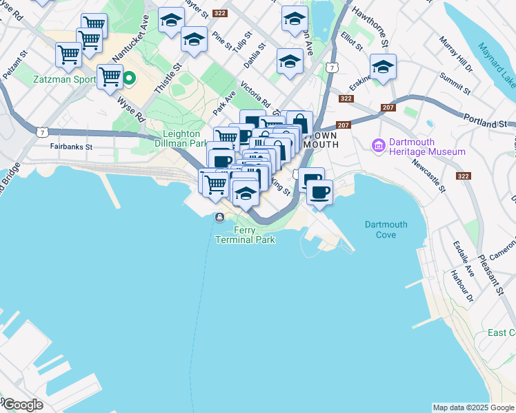 map of restaurants, bars, coffee shops, grocery stores, and more near 1 Prince Street in Dartmouth