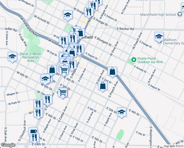 map of restaurants, bars, coffee shops, grocery stores, and more near 208 South Cherry Avenue in Marshfield