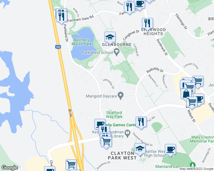 map of restaurants, bars, coffee shops, grocery stores, and more near 14 Suffolk Close in Halifax