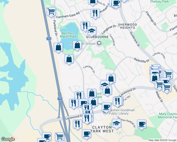 map of restaurants, bars, coffee shops, grocery stores, and more near 14 Suffolk Close in Halifax