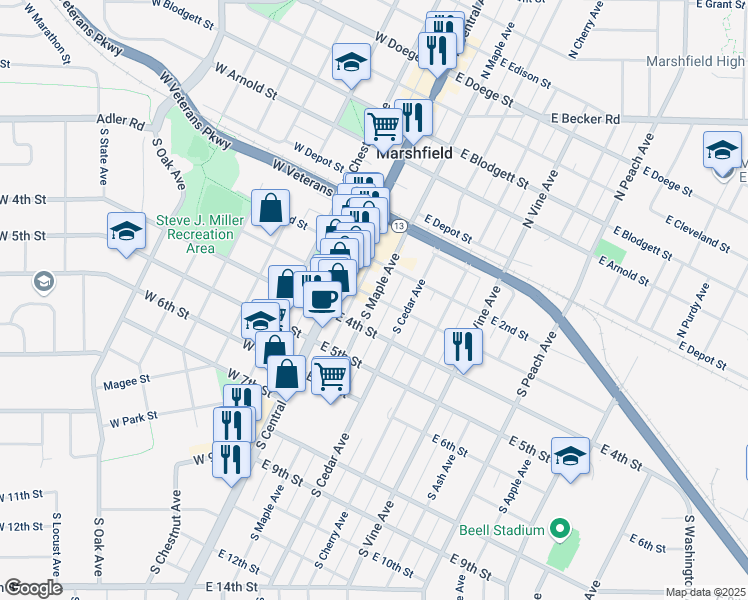 map of restaurants, bars, coffee shops, grocery stores, and more near 307 South Maple Avenue in Marshfield