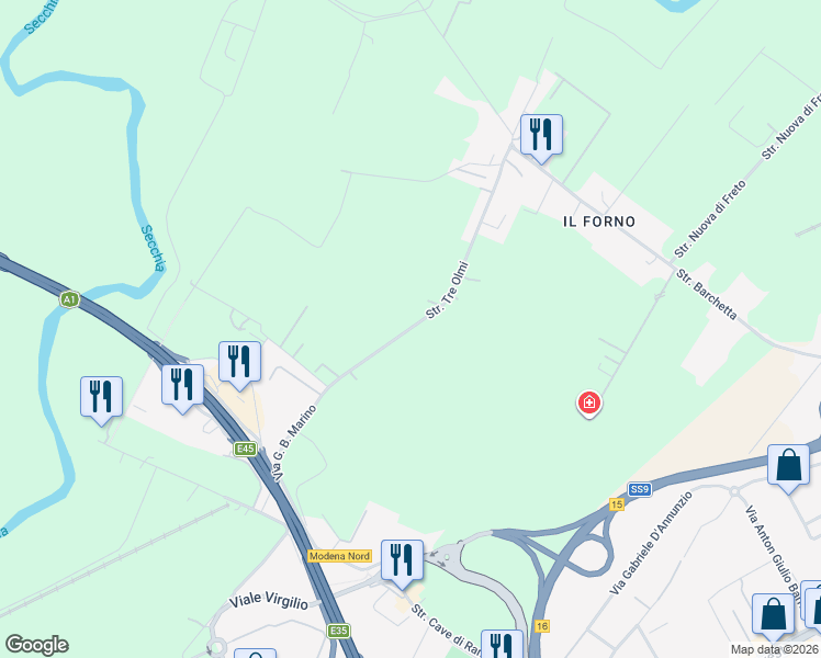 map of restaurants, bars, coffee shops, grocery stores, and more near 60 Strada Tre Olmi in Modena