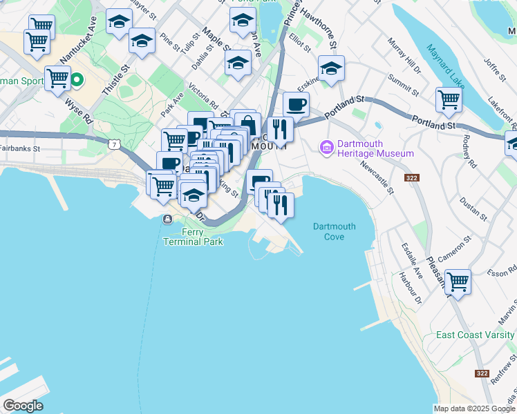 map of restaurants, bars, coffee shops, grocery stores, and more near in Dartmouth