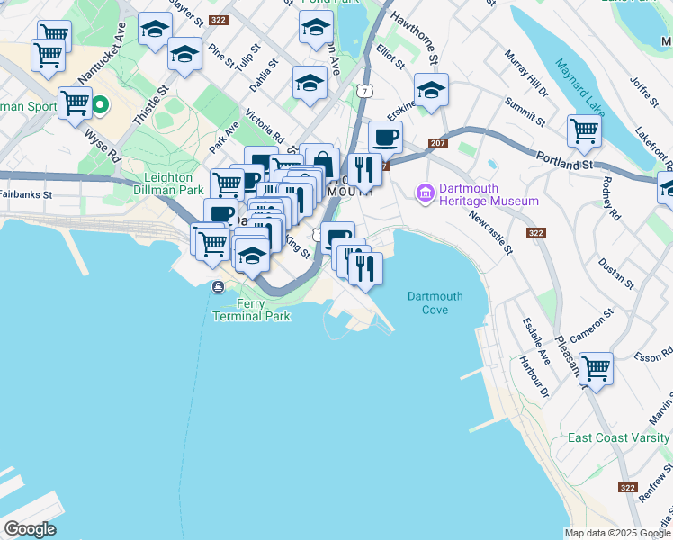 map of restaurants, bars, coffee shops, grocery stores, and more near in Dartmouth