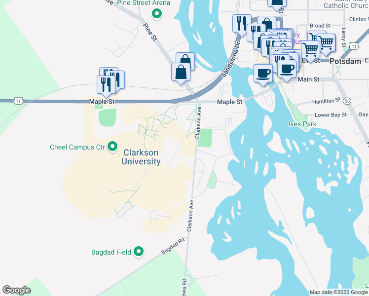 map of restaurants, bars, coffee shops, grocery stores, and more near 8 Clarkson Avenue in Potsdam