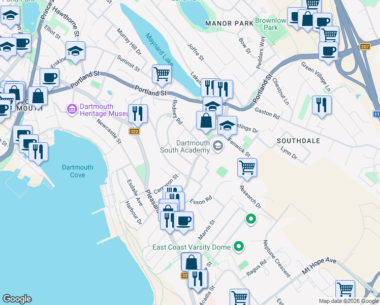 map of restaurants, bars, coffee shops, grocery stores, and more near 7 Scott Street in Dartmouth