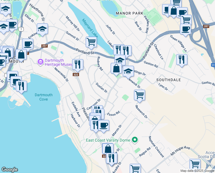 map of restaurants, bars, coffee shops, grocery stores, and more near 7 Scott Street in Dartmouth