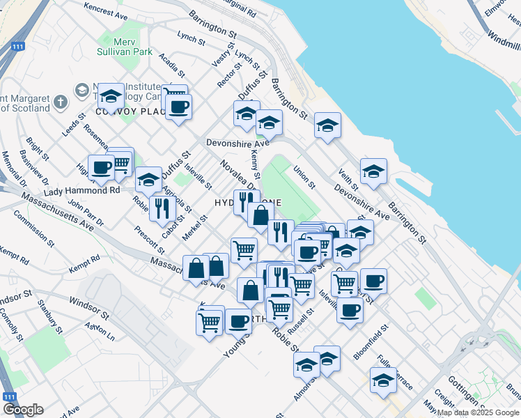 map of restaurants, bars, coffee shops, grocery stores, and more near 5520 Stanley Place in Halifax
