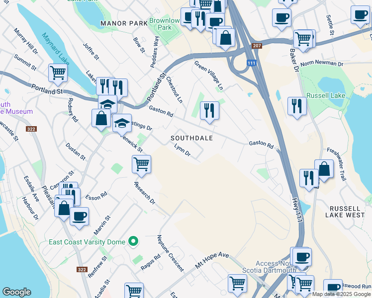 map of restaurants, bars, coffee shops, grocery stores, and more near in Dartmouth
