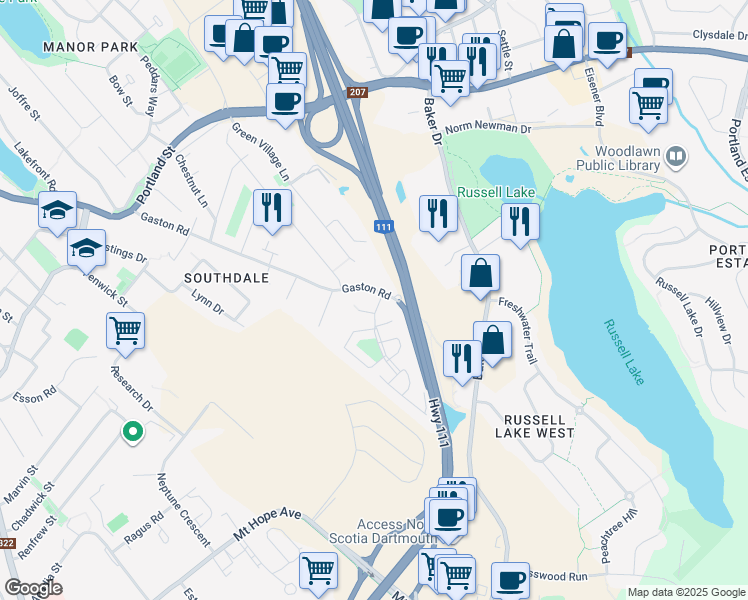 map of restaurants, bars, coffee shops, grocery stores, and more near 6 Lacomb Drive in Dartmouth