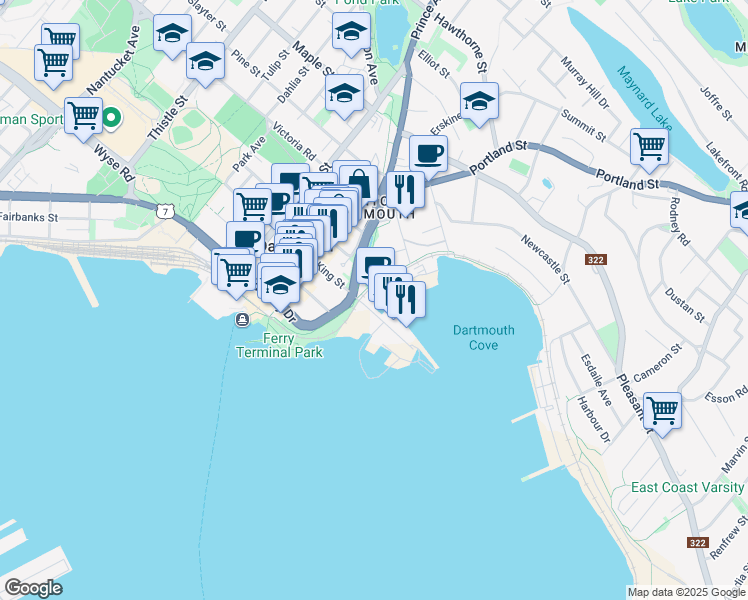 map of restaurants, bars, coffee shops, grocery stores, and more near 15 Kings Wharf Place in Dartmouth