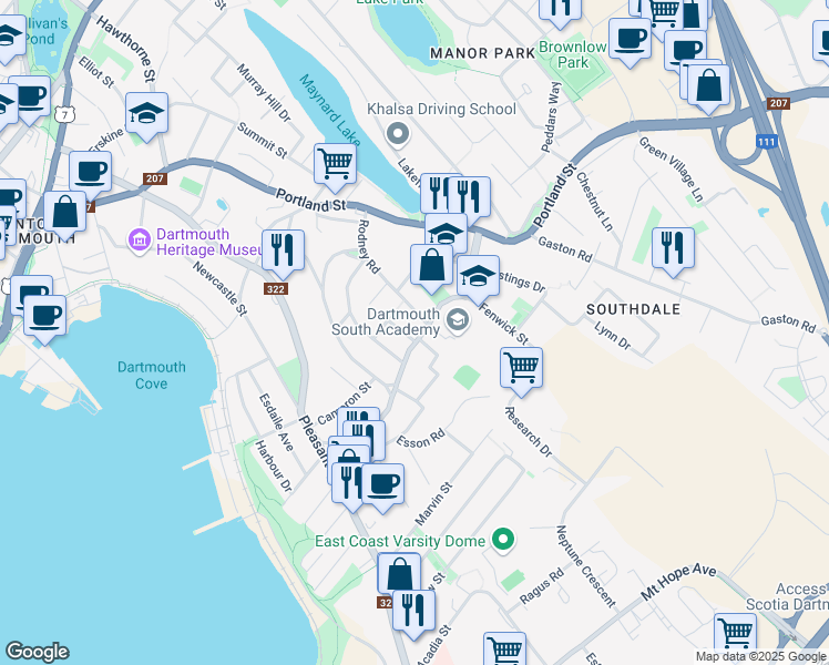 map of restaurants, bars, coffee shops, grocery stores, and more near 2 Scott Street in Dartmouth