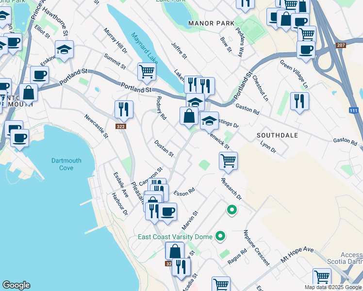 map of restaurants, bars, coffee shops, grocery stores, and more near 2 Scott Street in Dartmouth