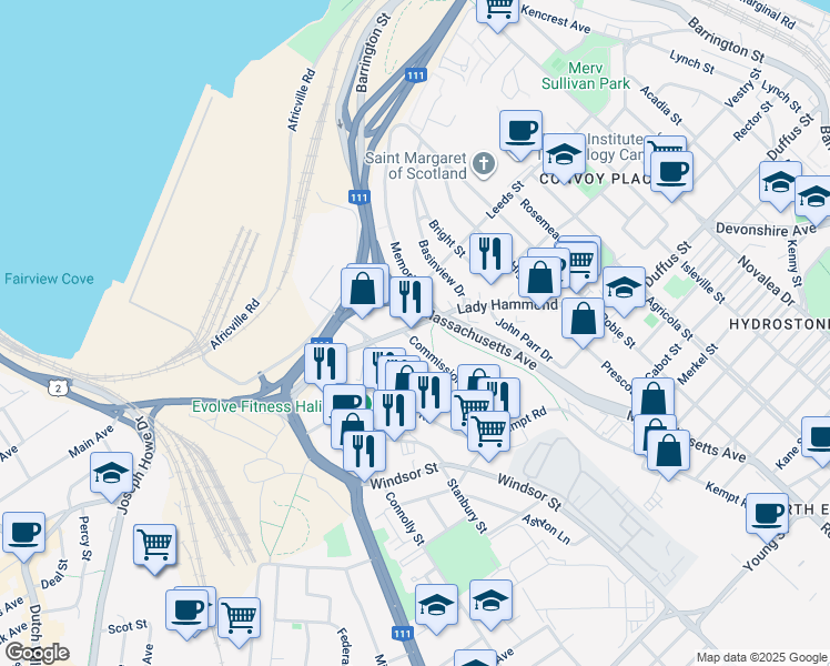 map of restaurants, bars, coffee shops, grocery stores, and more near 6316 Lady Hammond Road in Halifax
