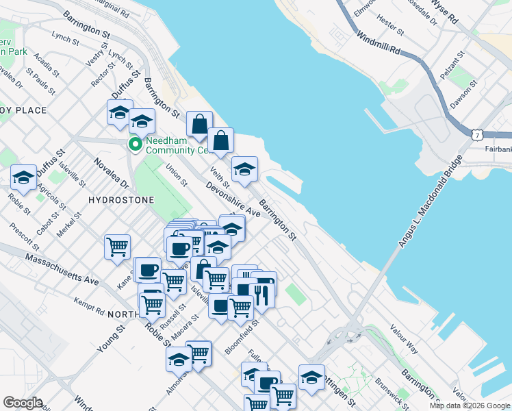 map of restaurants, bars, coffee shops, grocery stores, and more near 3075 Devonshire Avenue in Halifax