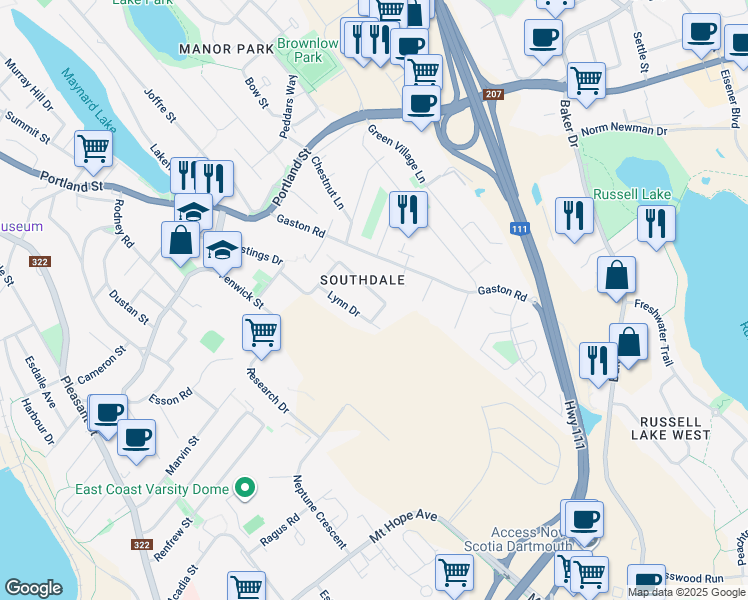 map of restaurants, bars, coffee shops, grocery stores, and more near 51 Lynn Drive in Dartmouth