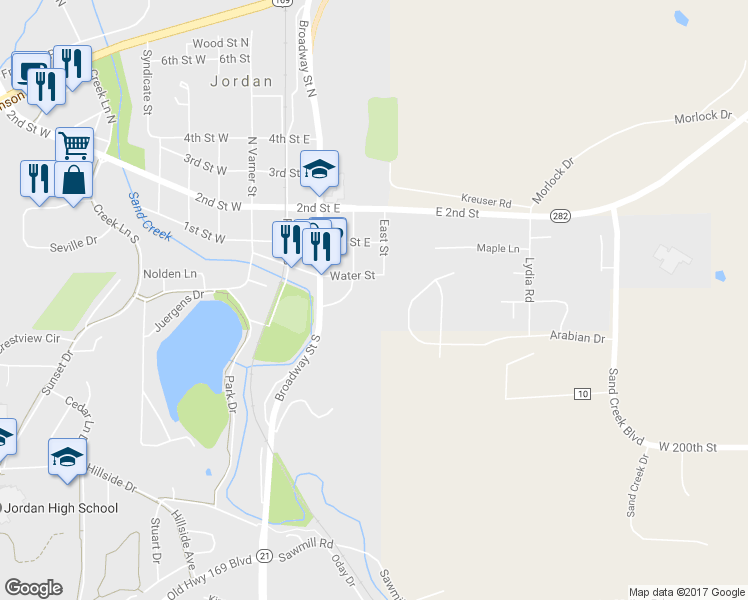 map of restaurants, bars, coffee shops, grocery stores, and more near 313 Mill Street in Jordan