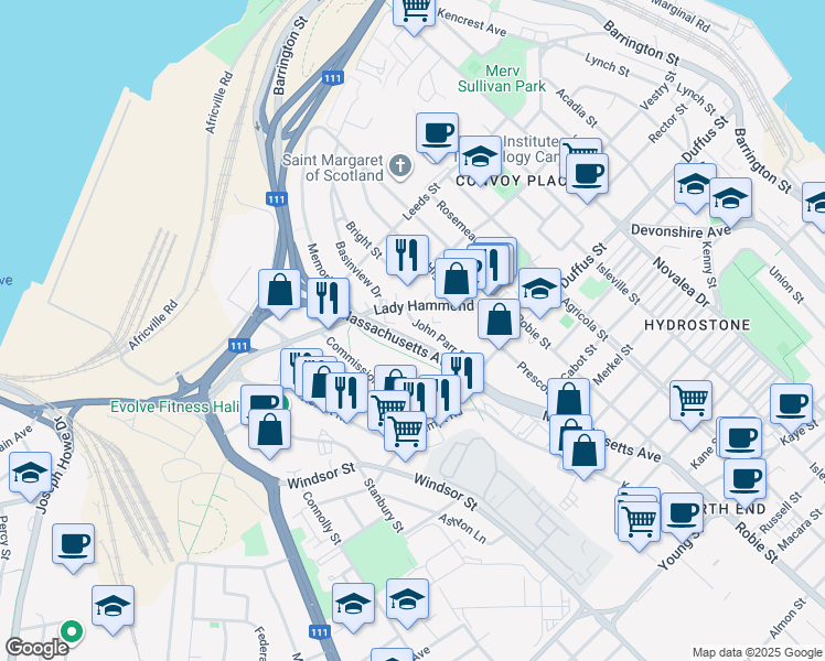 map of restaurants, bars, coffee shops, grocery stores, and more near 3700 John Parr Drive in Halifax