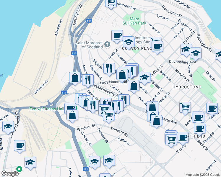 map of restaurants, bars, coffee shops, grocery stores, and more near 3599 Commission Street in Halifax