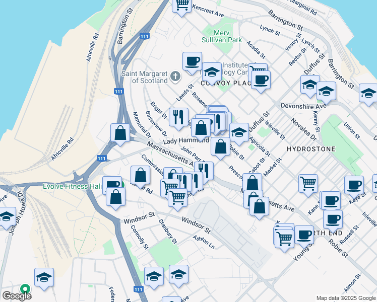 map of restaurants, bars, coffee shops, grocery stores, and more near John Parr Drive in Halifax