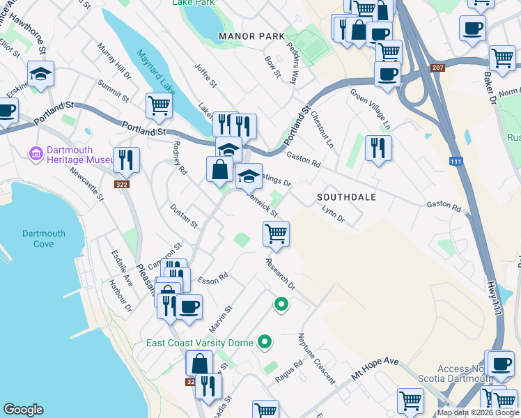 map of restaurants, bars, coffee shops, grocery stores, and more near 62 Fenwick Street in Dartmouth