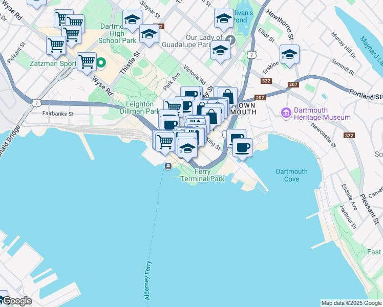 map of restaurants, bars, coffee shops, grocery stores, and more near 90 Alderney Drive in Dartmouth